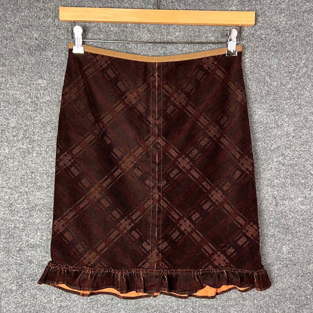 Free People Skirt Womens 6 Brown Plaid Ruffle Hem Corduroy Mini